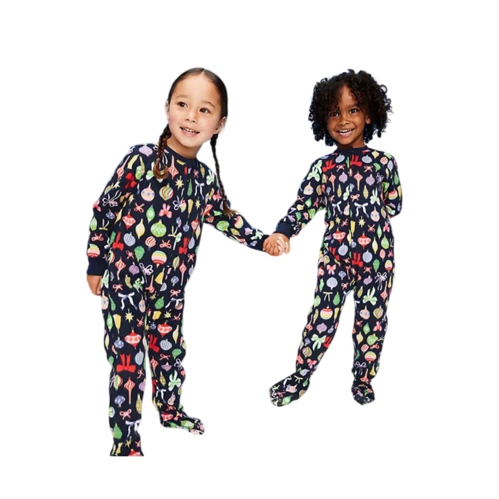 Old Navy Navy Blue Holiday Ornament Fleece Footed Pajamas2-way zip 12-18M‎ NWT